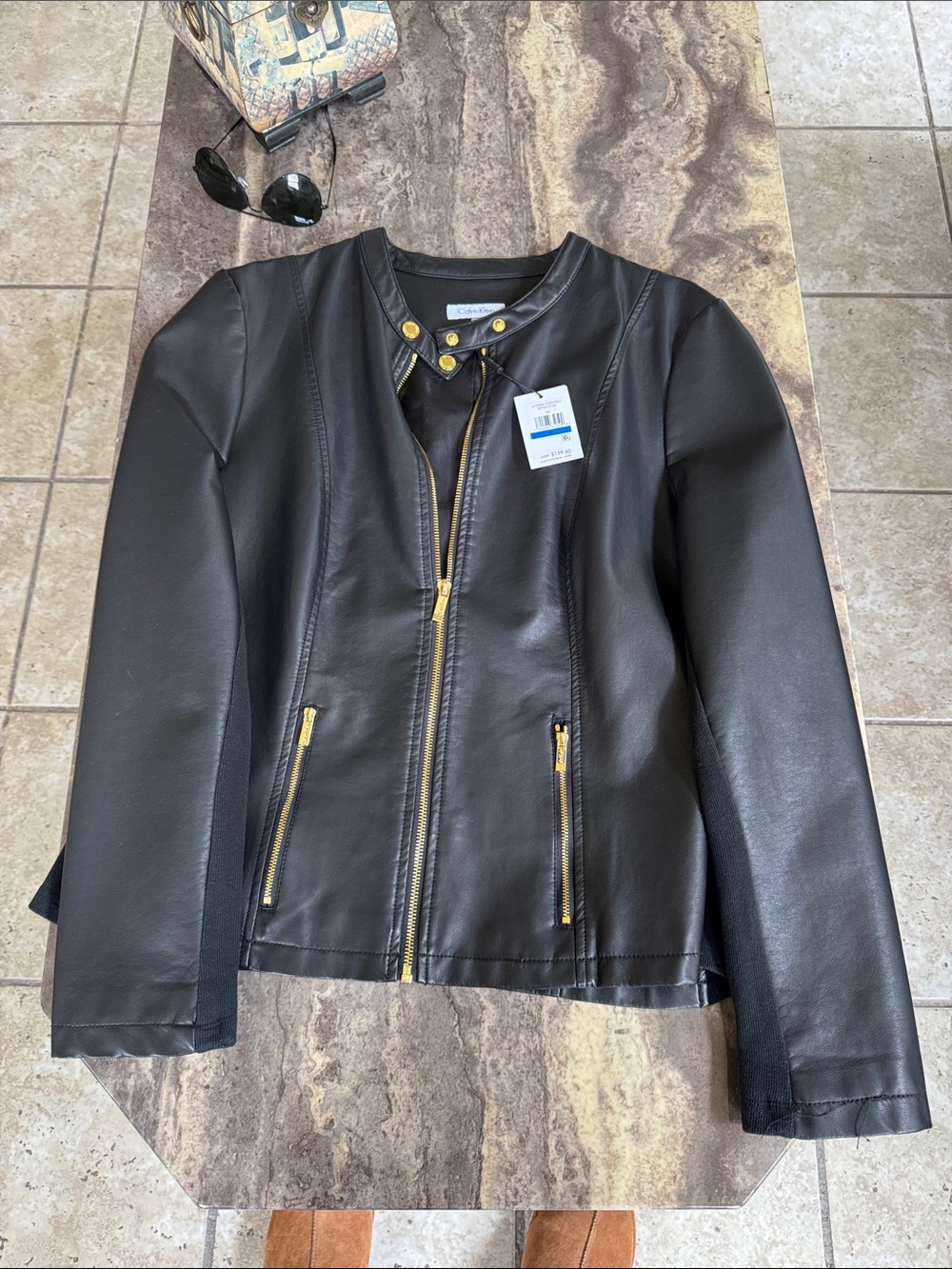 Calvin Klein Black Faux Leather Jacket with Gold Hardware Accents